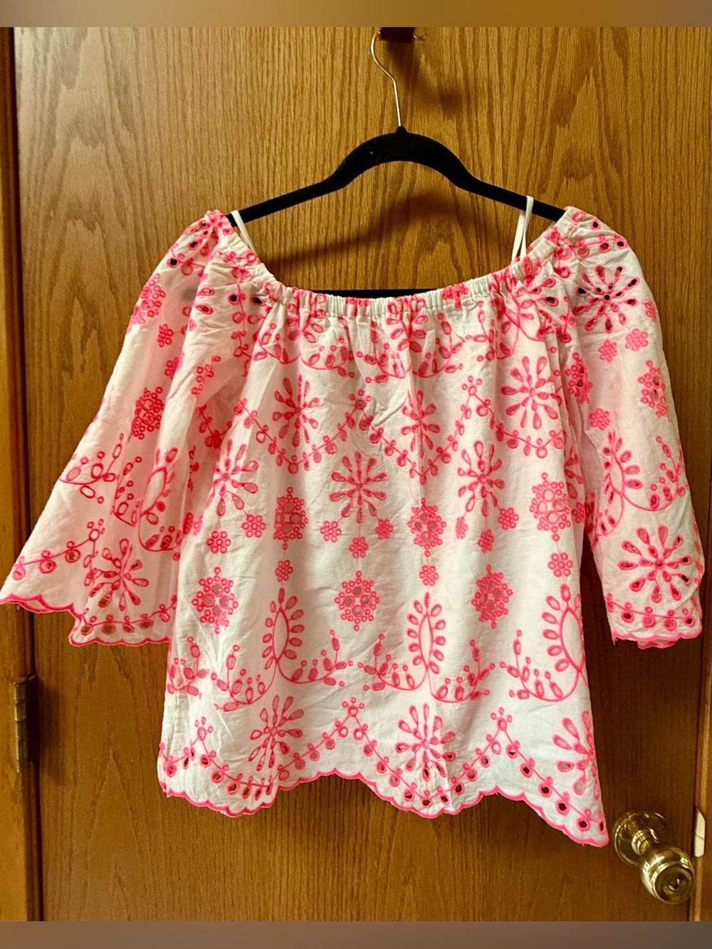 Lilly Pulitzer Laurenne White Off-Shoulder Top with neon coral eyelet
